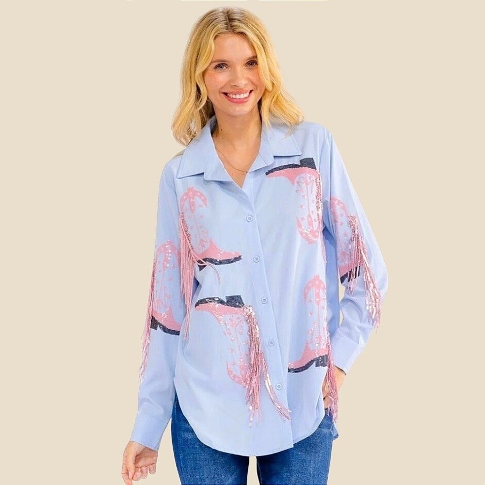 Blue B Collection Sequin Cowboy Boot Fringe Western Bling Shirt Blue Pink Large